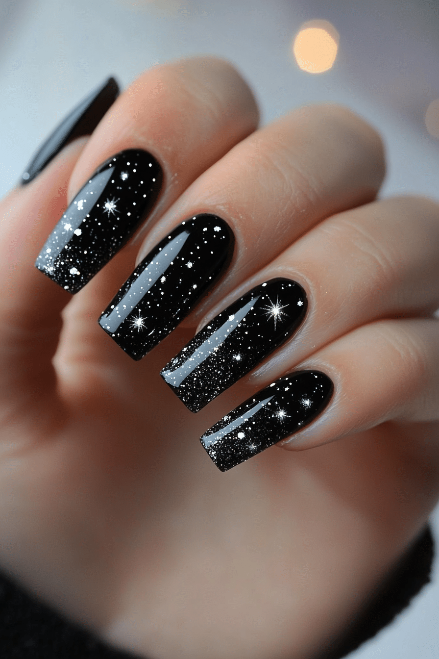 23. Celestial Stardust Black Sparkle (Bling Nail Design Ideas) - Bling Nail Design Ideas