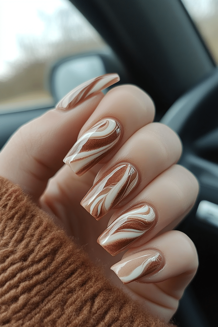 18. Cinnamon Latte Swirls (Easy Nail Design Ideas) - Easy Nail Design Ideas