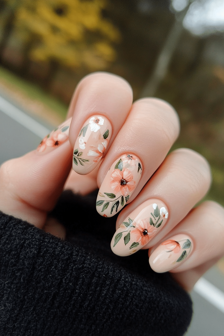 7. Peach Blossom Charm (Flower Nail Design Ideas) - Flower Nail Design Ideas