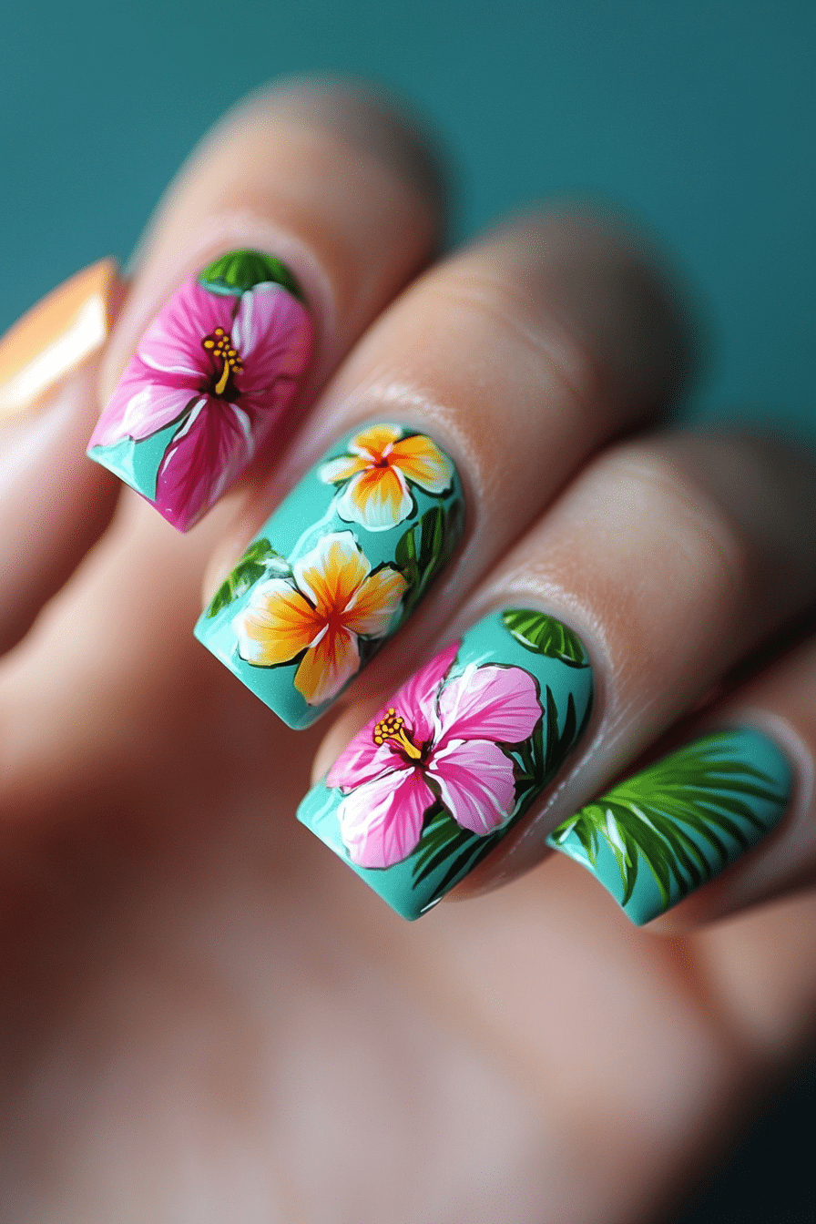 10. Tropical Bloom Vibes (Flower Nail Design Ideas) - Flower Nail Design Ideas