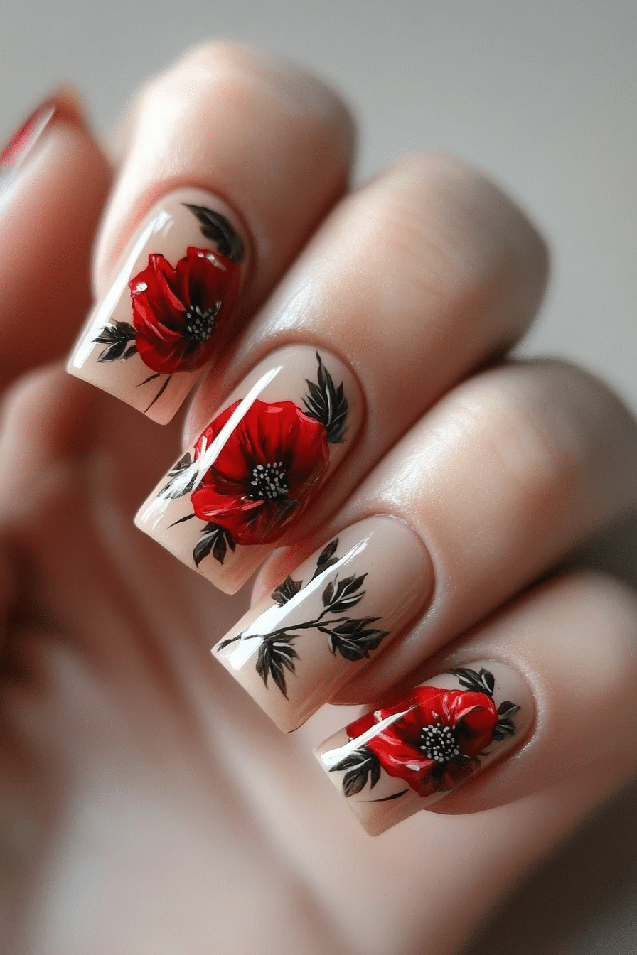 13. Poppy Red Statement (Flower Nail Design Ideas) - Flower Nail Design Ideas