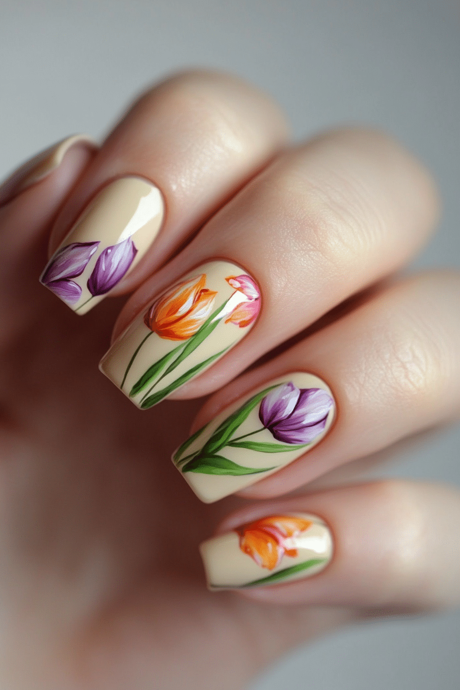 16. Tulip Garden Elegance (Flower Nail Design Ideas) - Flower Nail Design Ideas