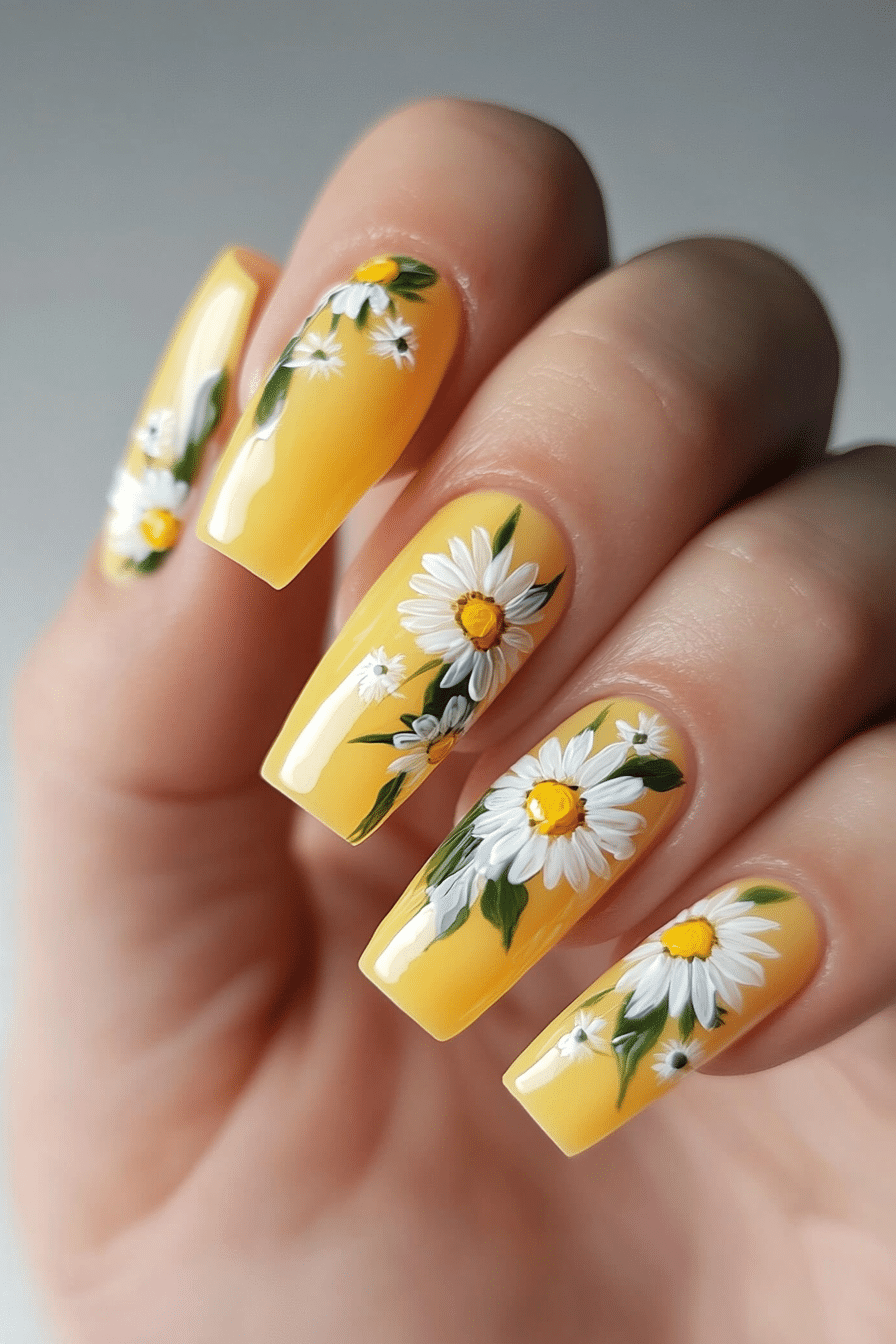 2. Daisy Garden (Yellow Coffin Nail Design Ideas) - Yellow Coffin Nail Design Ideas