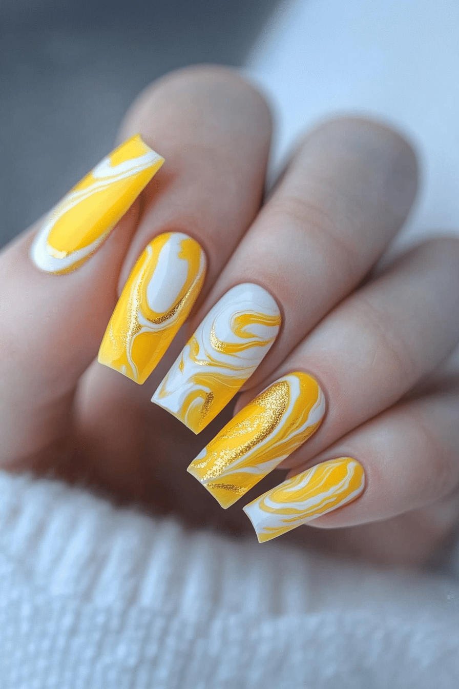 7. Marble Sunshine (Yellow Coffin Nail Design Ideas) - Yellow Coffin Nail Design Ideas