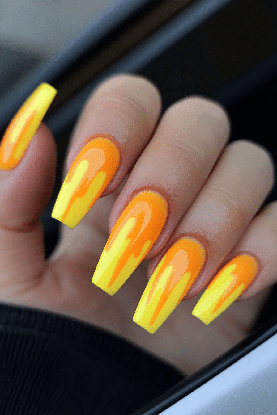 8. Neon Glow Drips (Yellow Coffin Nail Design Ideas) - Yellow Coffin Nail Design Ideas