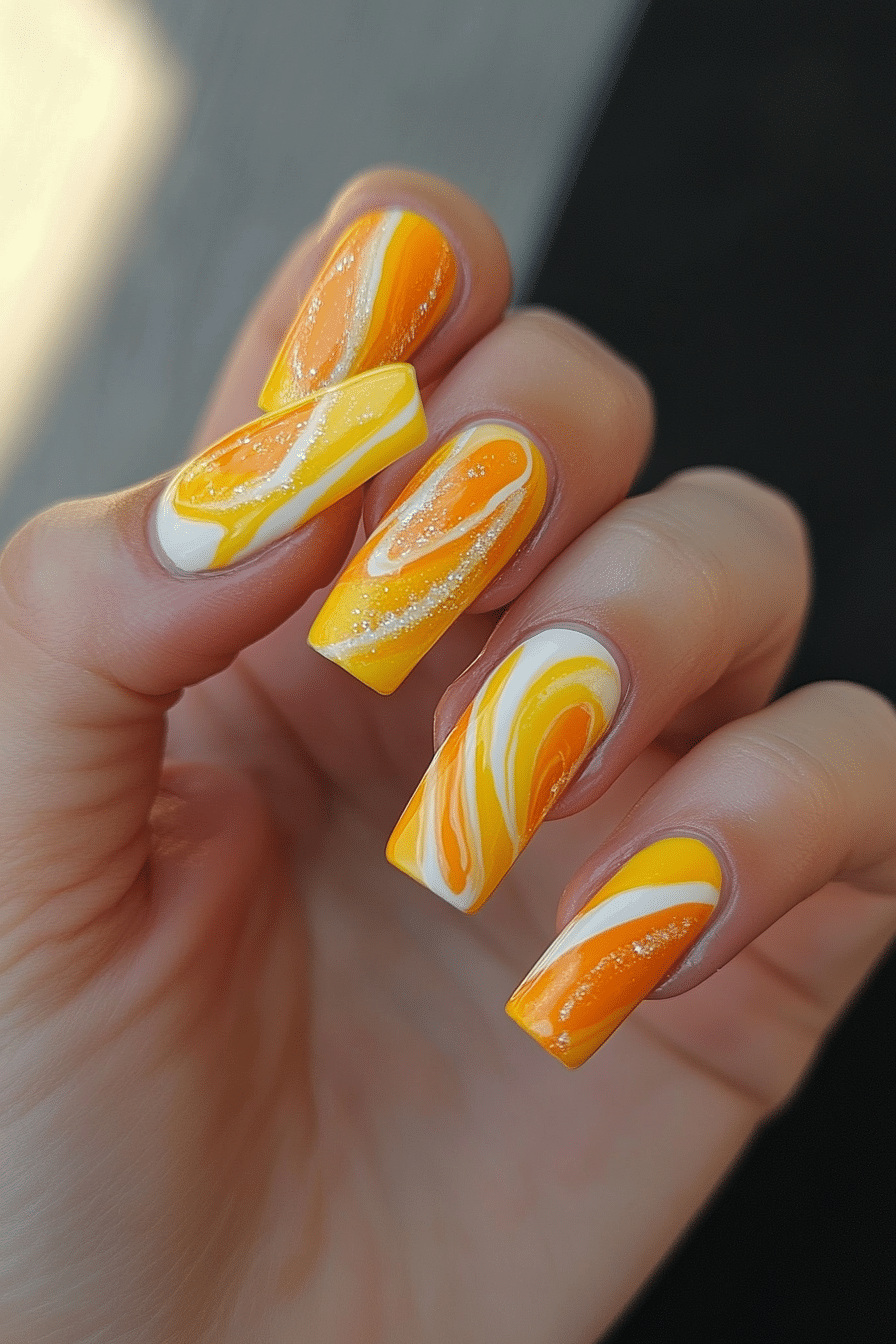 9. Citrus Swirl (Yellow Coffin Nail Design Ideas) - Yellow Coffin Nail Design Ideas