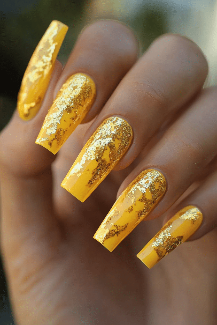 10. Golden Foil Accents (Yellow Coffin Nail Design Ideas) - Yellow Coffin Nail Design Ideas