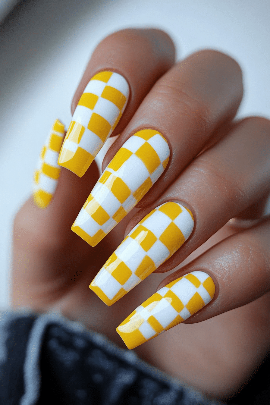 11. Checkerboard Chic (Yellow Coffin Nail Design Ideas) - Yellow Coffin Nail Design Ideas