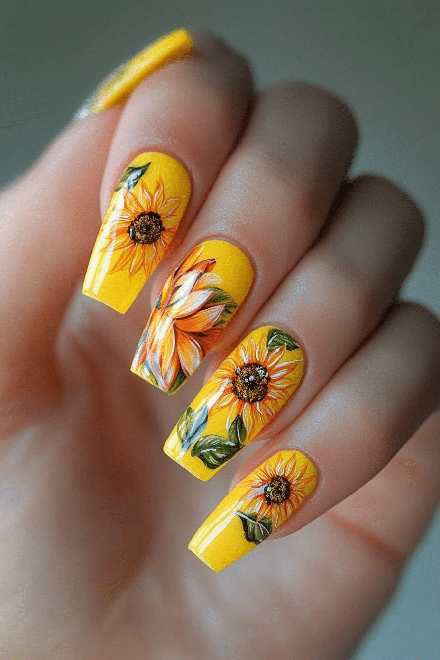 12. Sunflower Dreams (Yellow Coffin Nail Design Ideas) - Yellow Coffin Nail Design Ideas