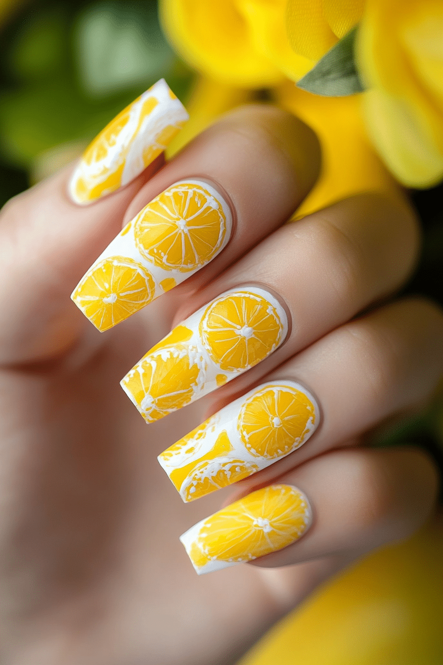 14. Abstract Citrus Art (Yellow Coffin Nail Design Ideas) - Yellow Coffin Nail Design Ideas