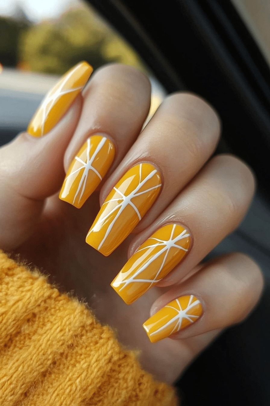 17. Geometric Mustard (Yellow Coffin Nail Design Ideas) - Yellow Coffin Nail Design Ideas