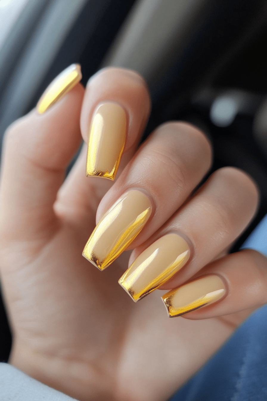 18. Gilded Tips (Yellow Coffin Nail Design Ideas) - Yellow Coffin Nail Design Ideas