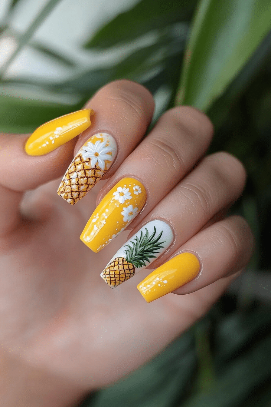 19. Coconut Pineapple Bliss (Yellow Coffin Nail Design Ideas) - Yellow Coffin Nail Design Ideas