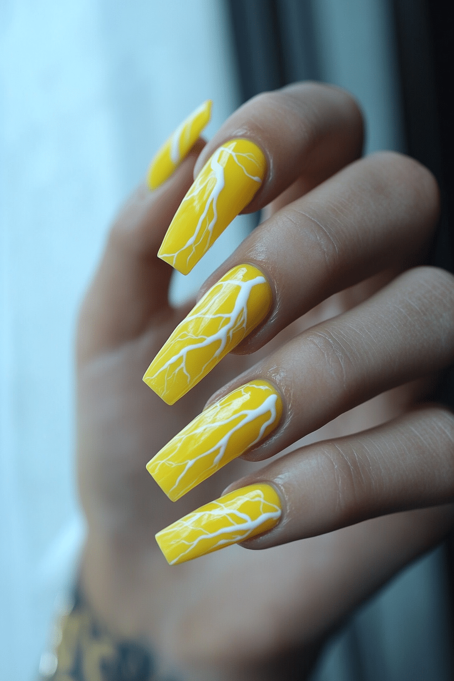 20. Neon Lightning (Yellow Coffin Nail Design Ideas) - Yellow Coffin Nail Design Ideas