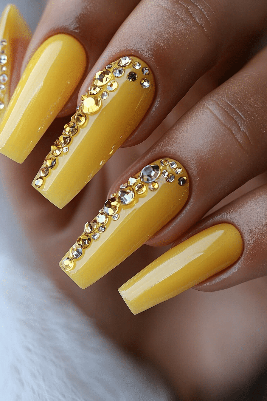 21. Crystal Lemon (Yellow Coffin Nail Design Ideas) - Yellow Coffin Nail Design Ideas