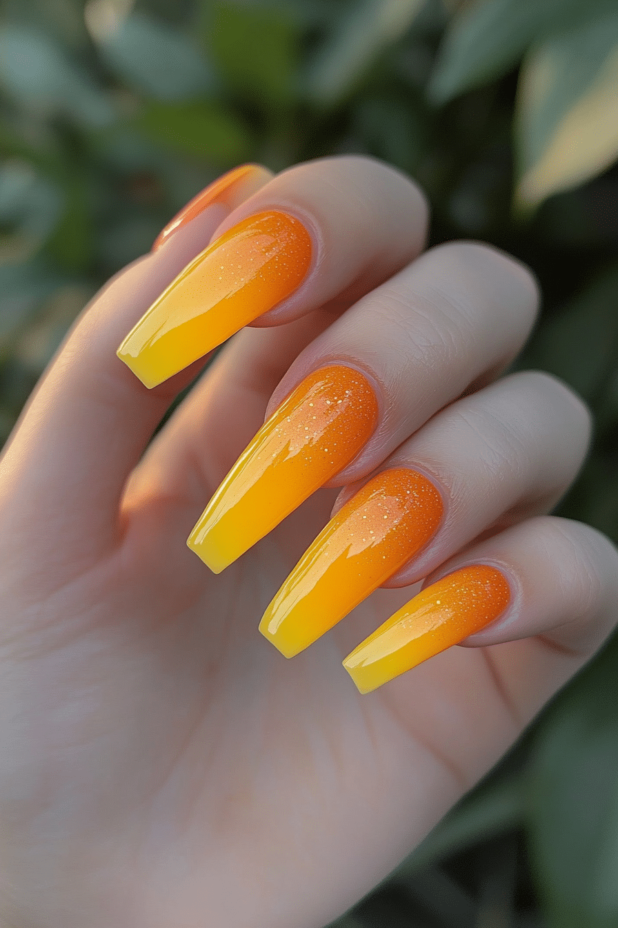 23. Tangerine Sunshine (Yellow Coffin Nail Design Ideas) - Yellow Coffin Nail Design Ideas