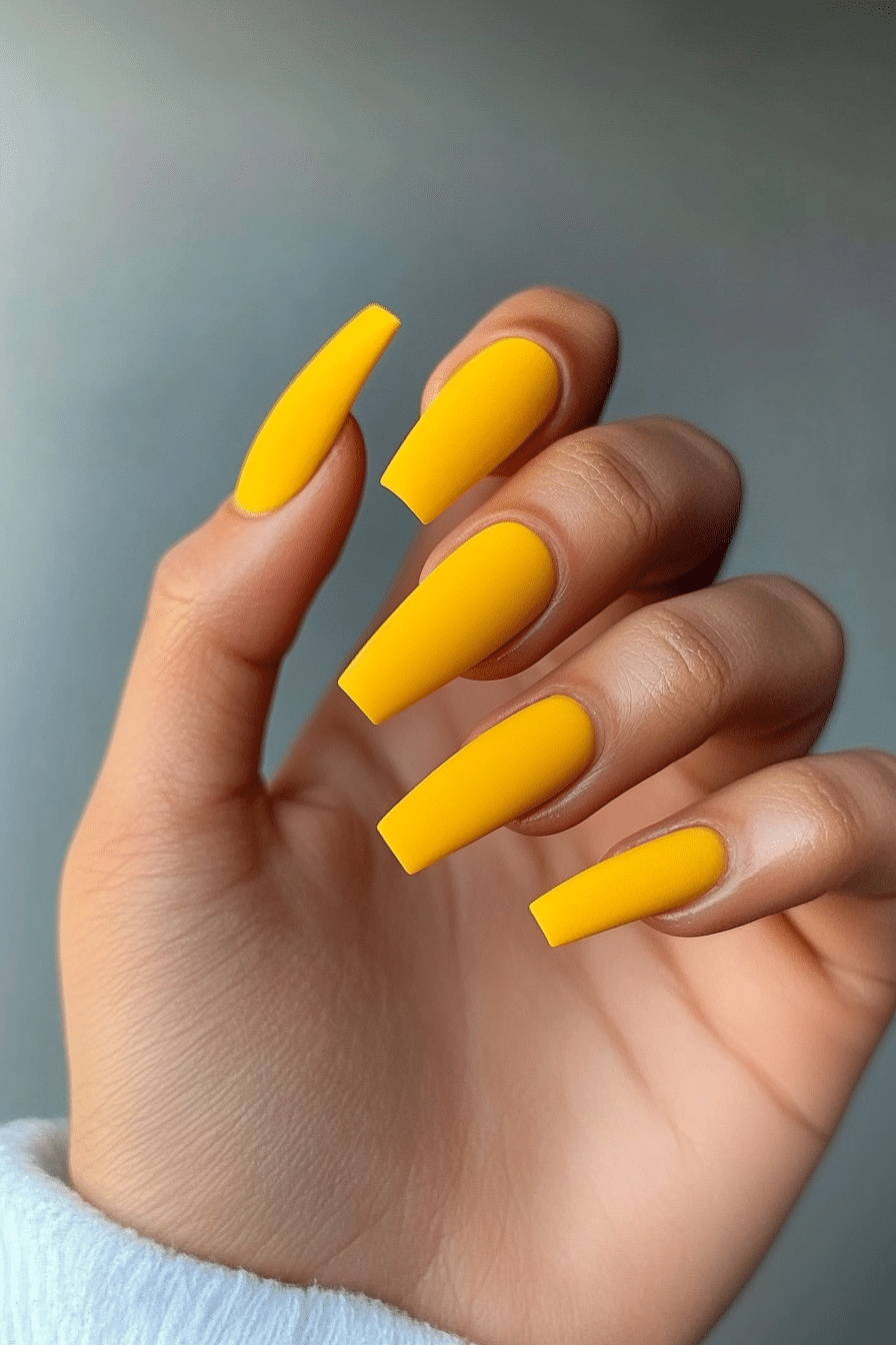 26. Yellow Velvet (Yellow Coffin Nail Design Ideas) - Yellow Coffin Nail Design Ideas