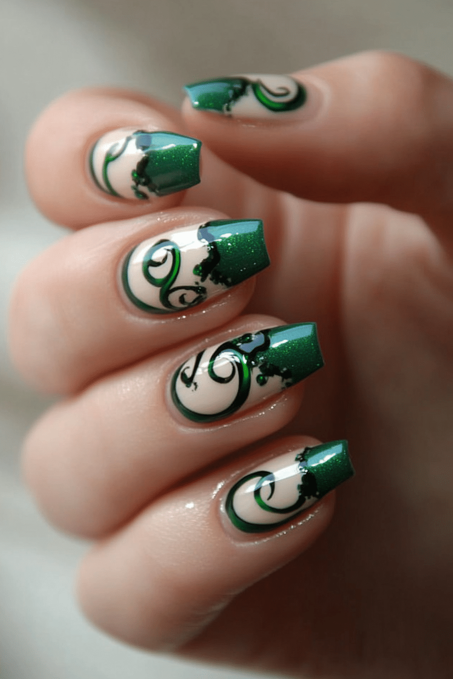 5. Emerald Green French Swirls (French Nail Design Ideas) - French Nail Design Ideas