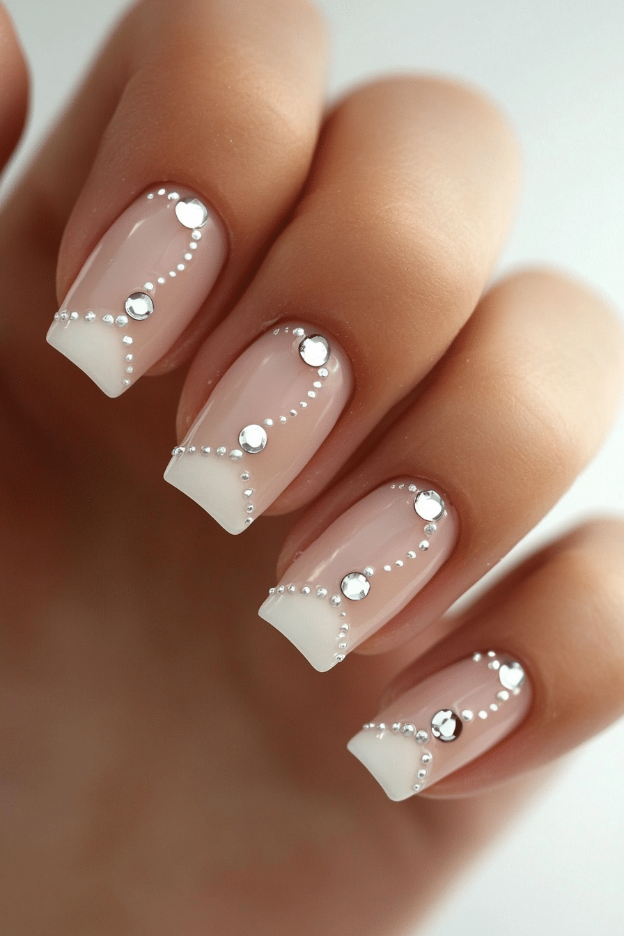 7. Pearl White French with 3D Gems (French Nail Design Ideas) - French Nail Design Ideas