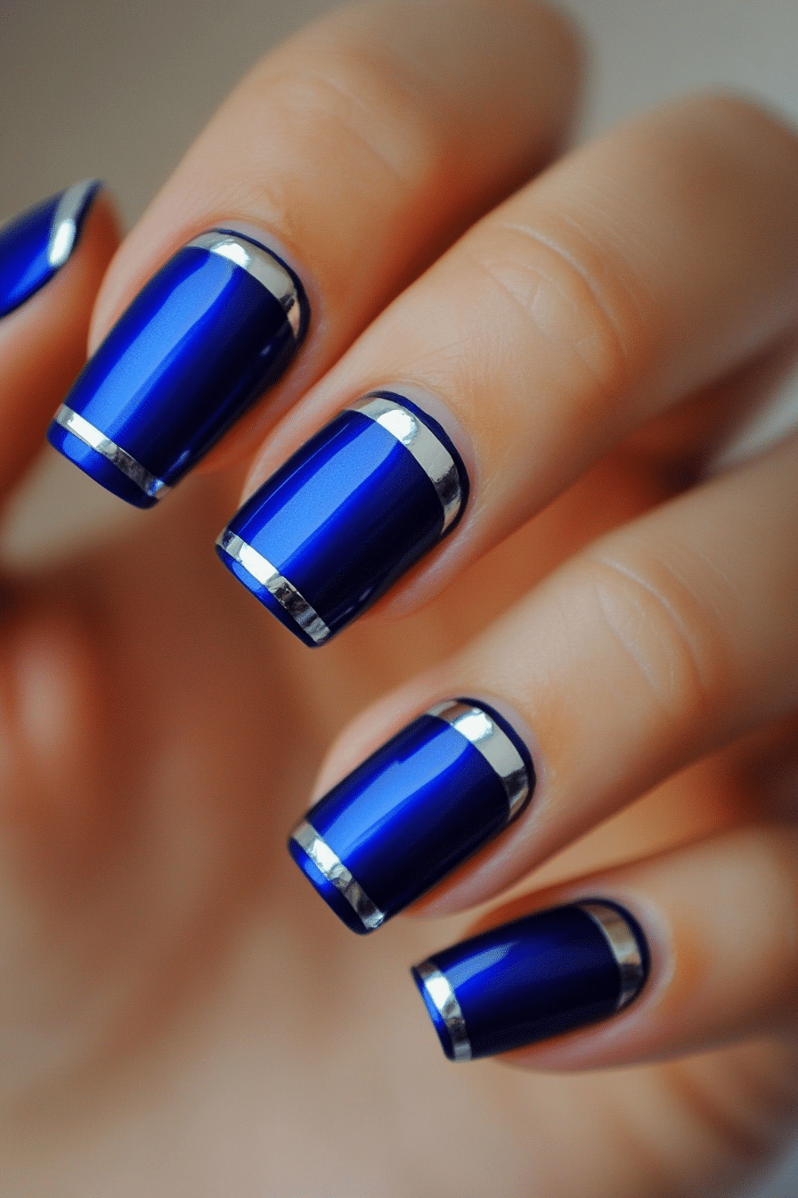 11. Cobalt Blue French with Silver Stripes (French Nail Design Ideas) - French Nail Design Ideas