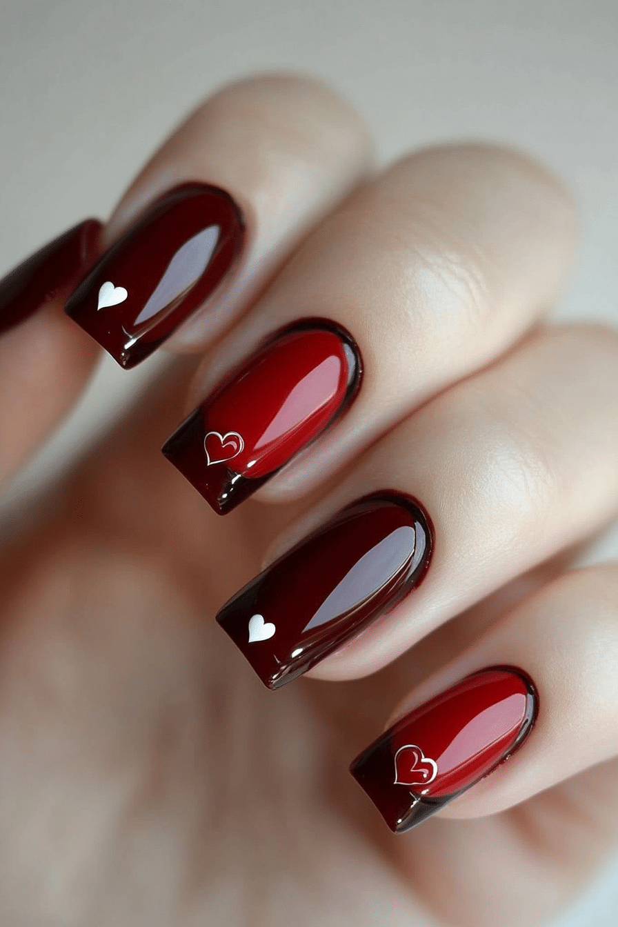 13. Cherry Red French with Tiny Hearts (French Nail Design Ideas) - French Nail Design Ideas
