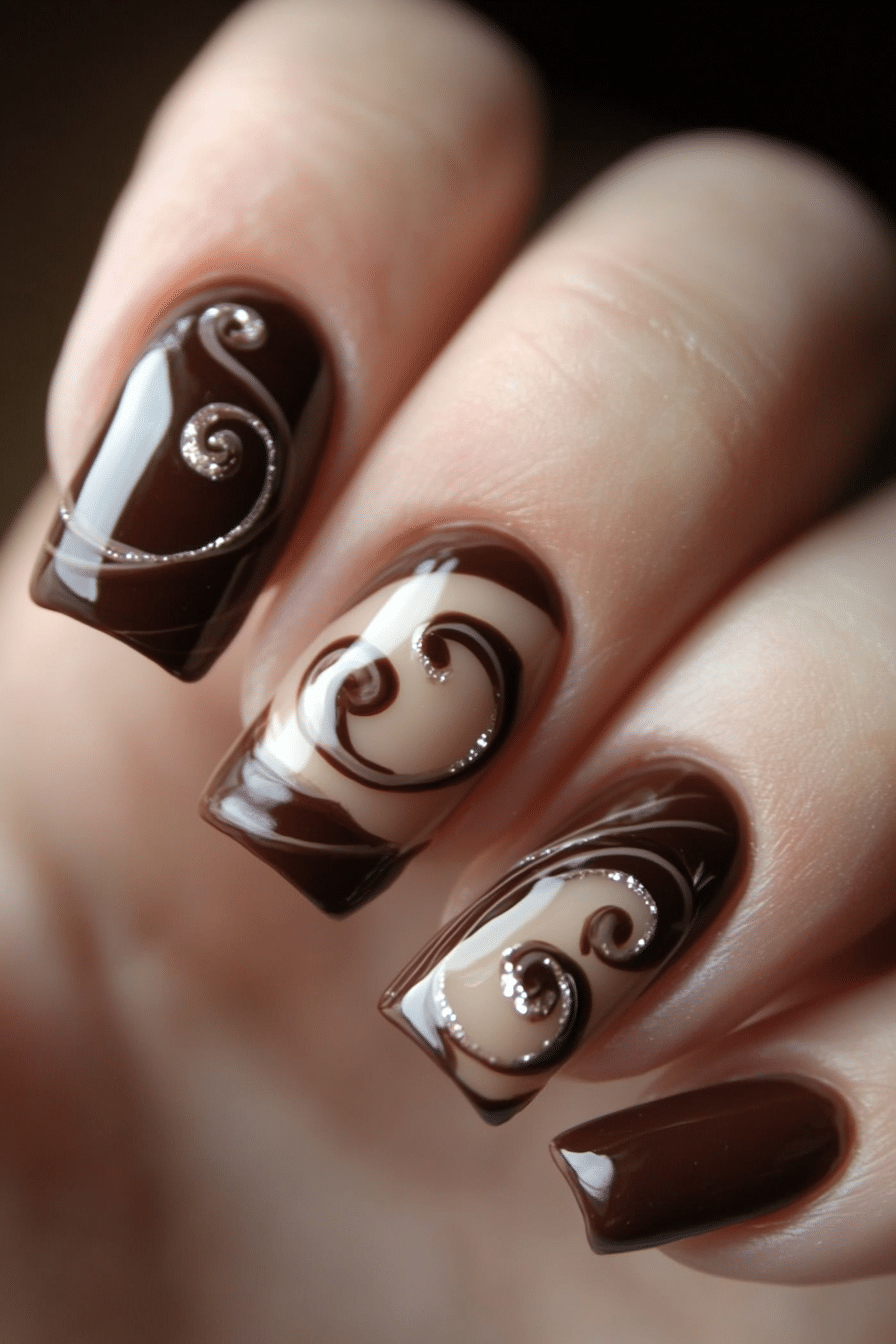 18. Chocolate Brown French Swirls (French Nail Design Ideas) - French Nail Design Ideas