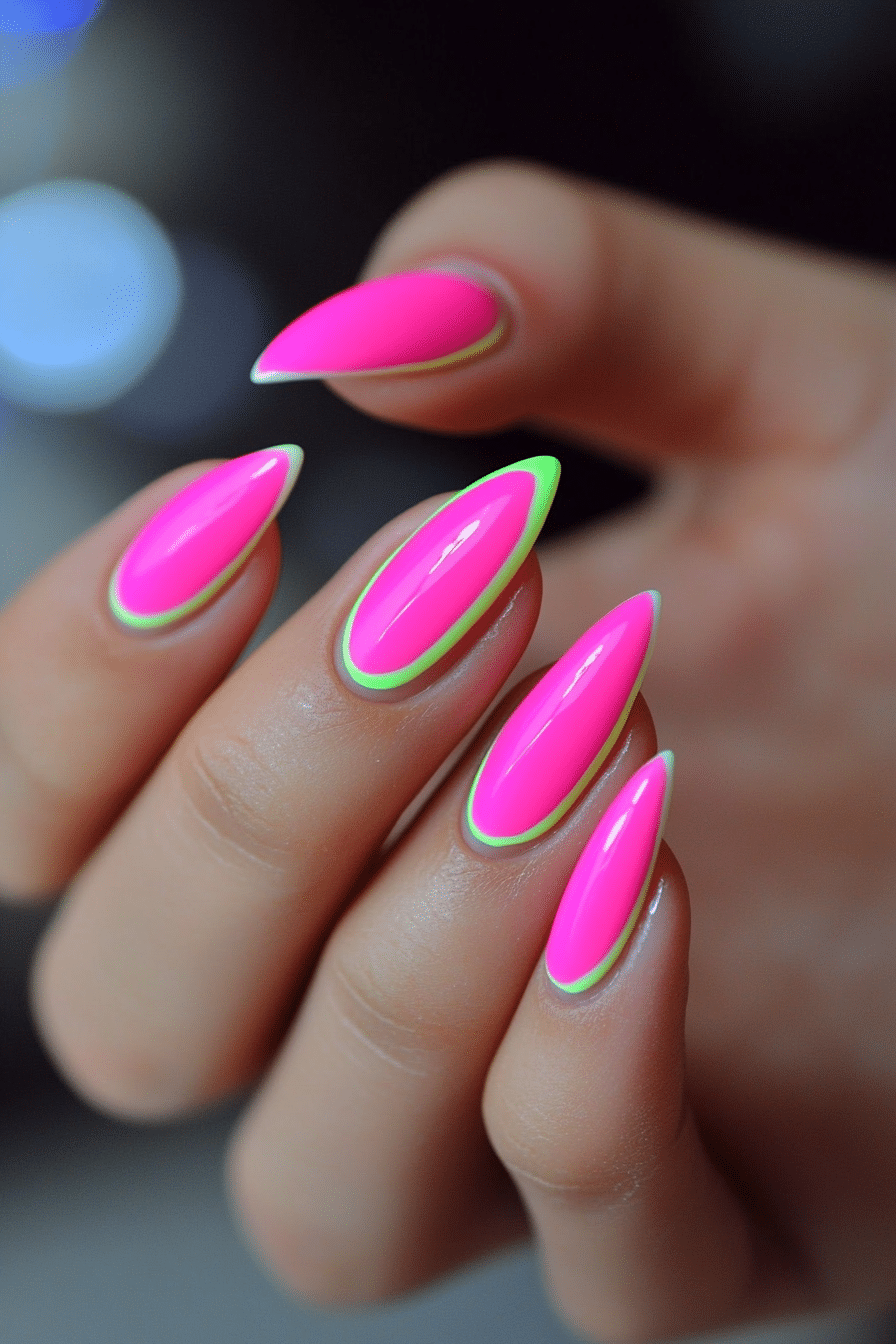21. Neon Pink French Outline (French Nail Design Ideas) - French Nail Design Ideas