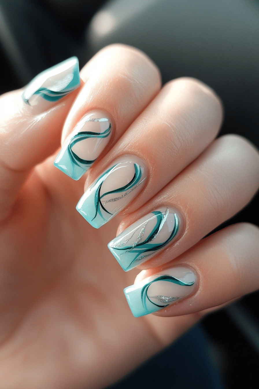 23. Teal French with Swirling Waves (French Nail Design Ideas) - French Nail Design Ideas