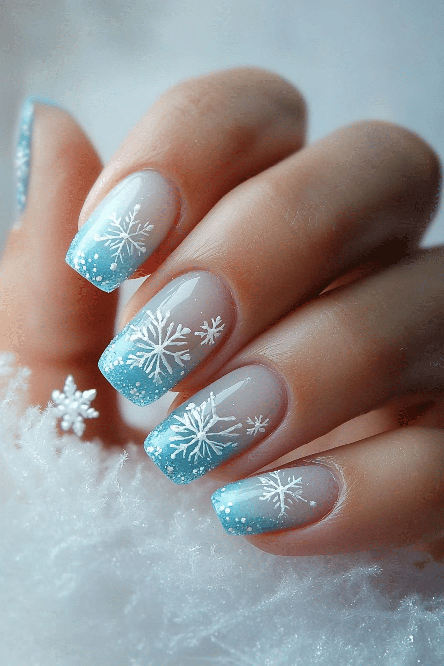 24. Ice Blue French with Snowflake Details (French Nail Design Ideas) - French Nail Design Ideas