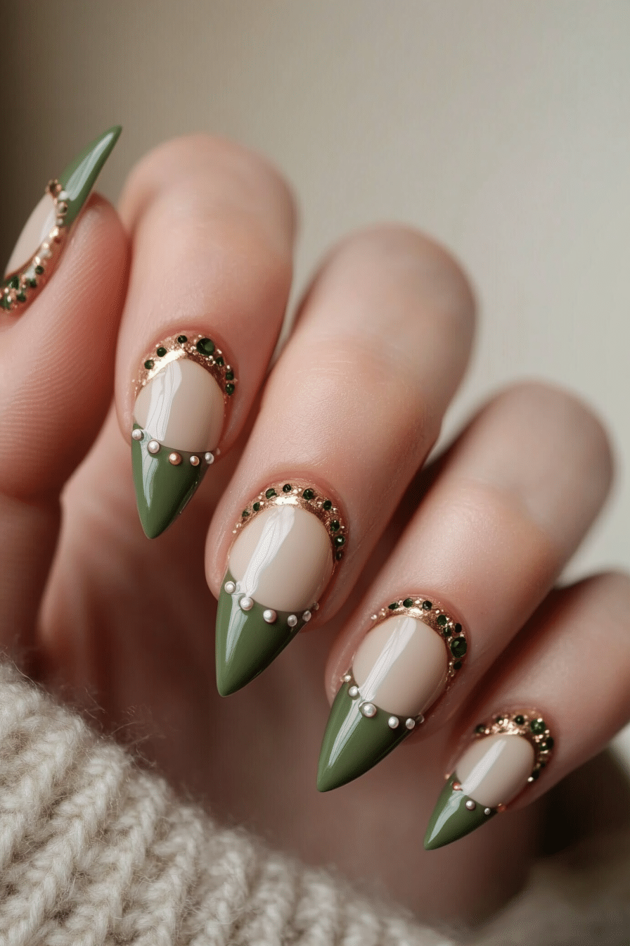 26. Olive Green French with Gold Beads (French Nail Design Ideas) - French Nail Design Ideas