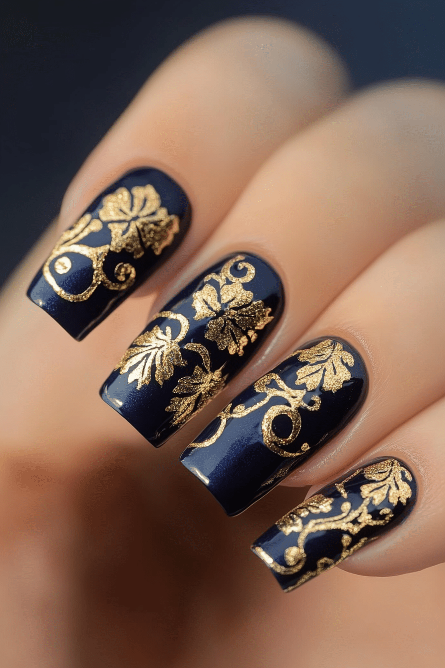1. Royal Midnight Elegance (Navy And Gold Nail Design Ideas) - Navy And Gold Nail Design Ideas