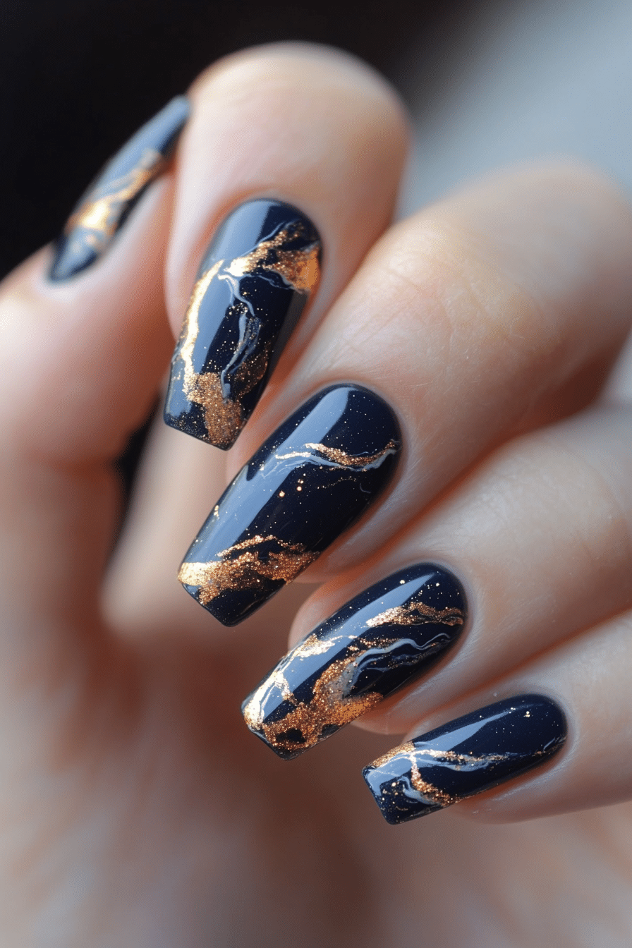2. Golden Galaxy Swirls (Navy And Gold Nail Design Ideas) - Navy And Gold Nail Design Ideas