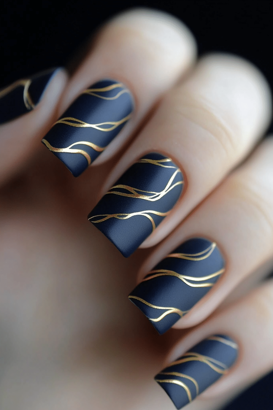 4. Abstract Waves of Gold (Navy And Gold Nail Design Ideas) - Navy And Gold Nail Design Ideas