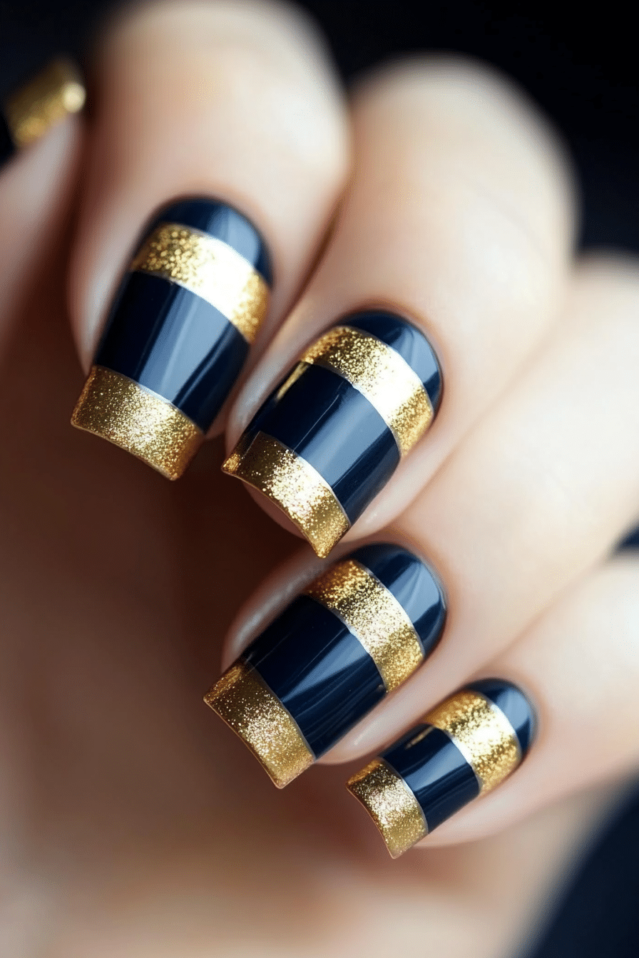 6. Metallic Stripe Chic (Navy And Gold Nail Design Ideas) - Navy And Gold Nail Design Ideas