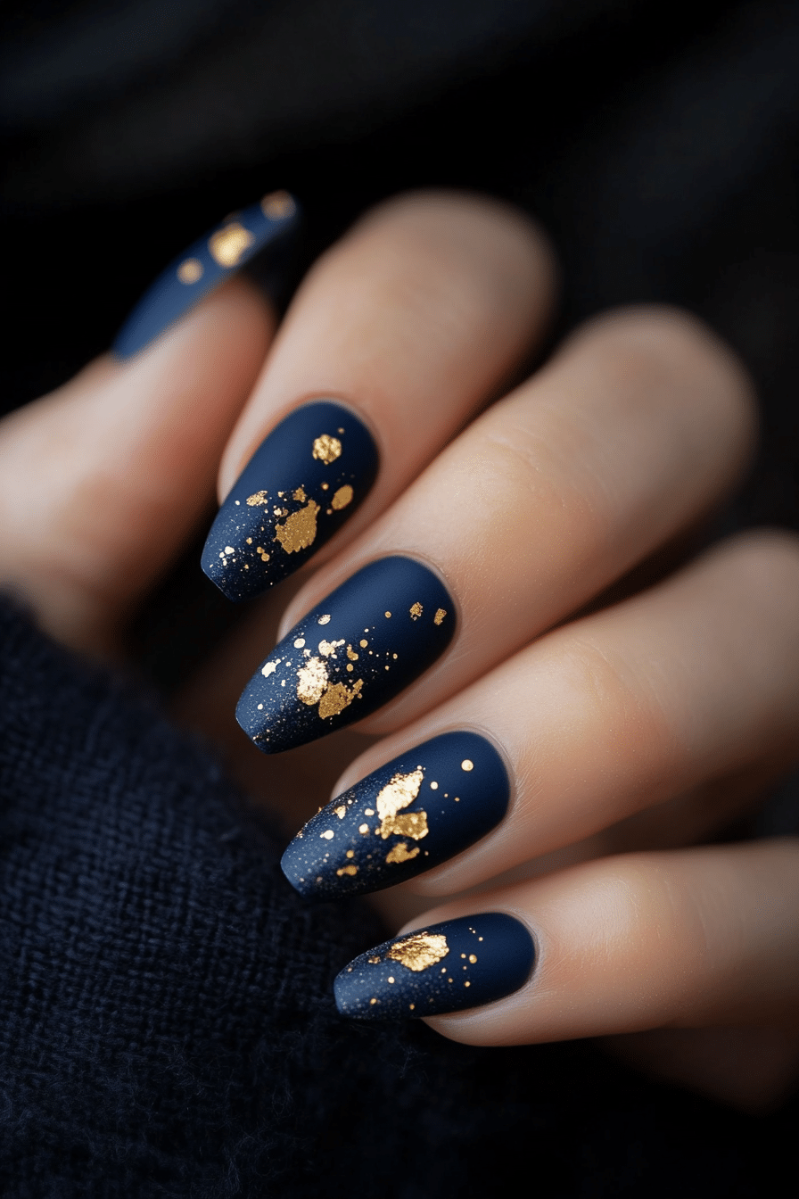 9. Golden Leaf Accents (Navy And Gold Nail Design Ideas) - Navy And Gold Nail Design Ideas