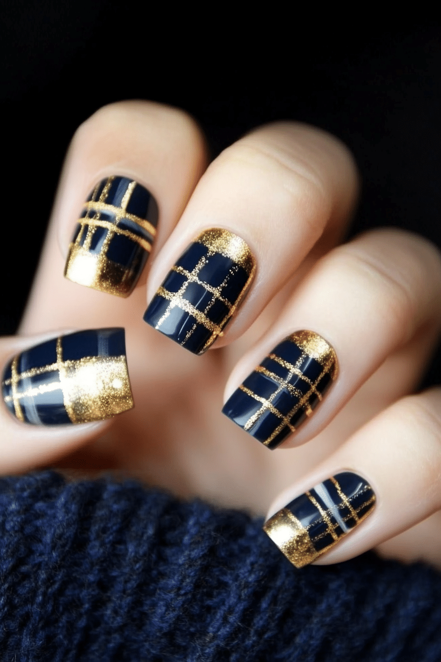 10. Royal Plaid Perfection (Navy And Gold Nail Design Ideas) - Navy And Gold Nail Design Ideas