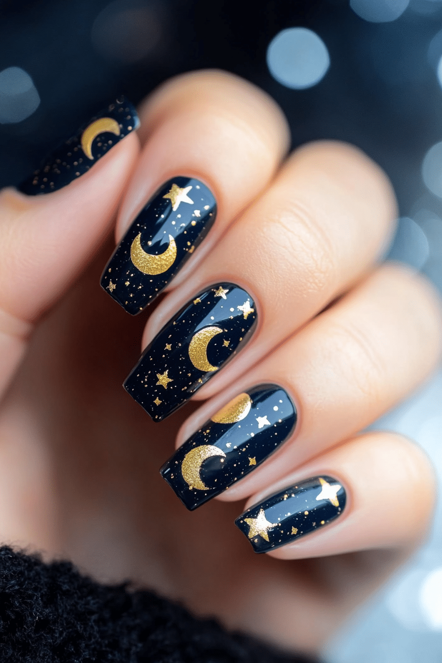 13. Celestial Moons and Stars (Navy And Gold Nail Design Ideas) - Navy And Gold Nail Design Ideas