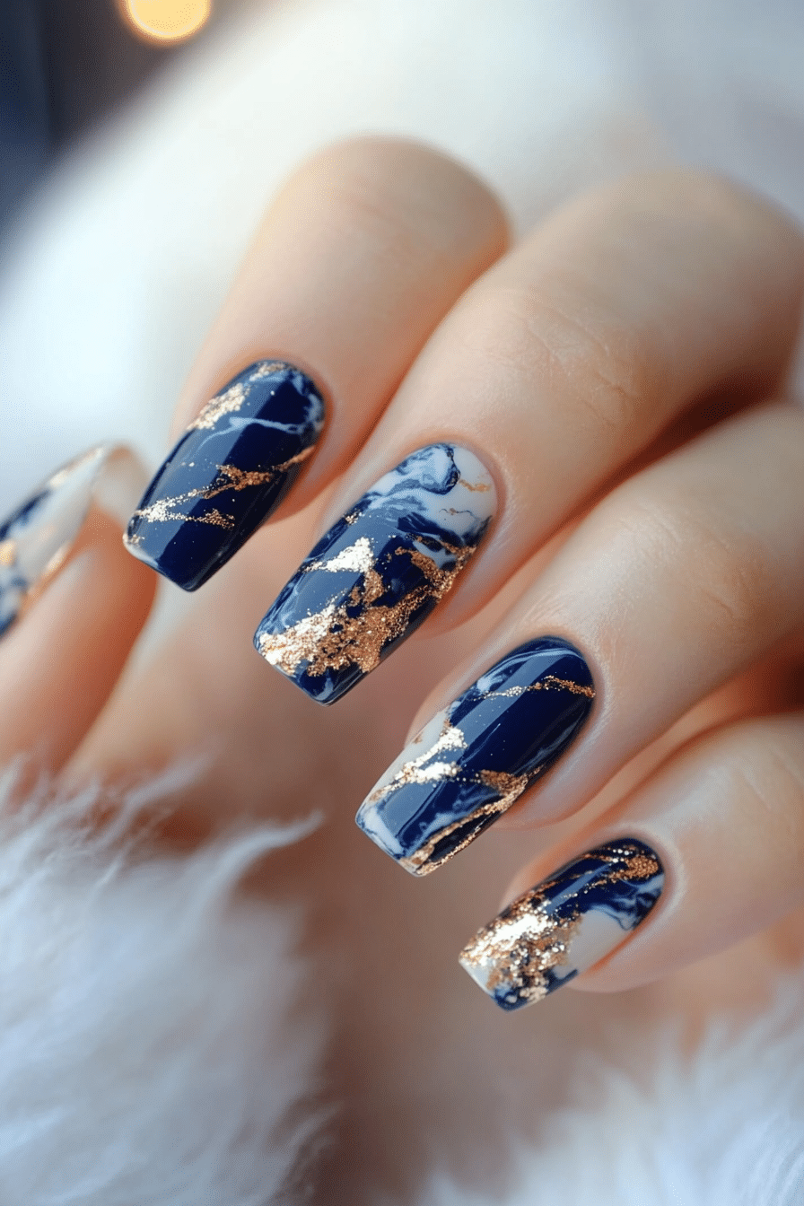 15. Marbled Gold Veins (Navy And Gold Nail Design Ideas) - Navy And Gold Nail Design Ideas