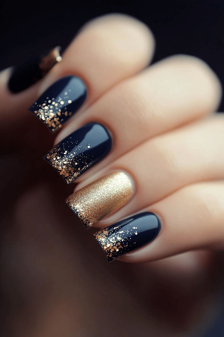 17. Midnight Sparkle Fade (Navy And Gold Nail Design Ideas) - Navy And Gold Nail Design Ideas