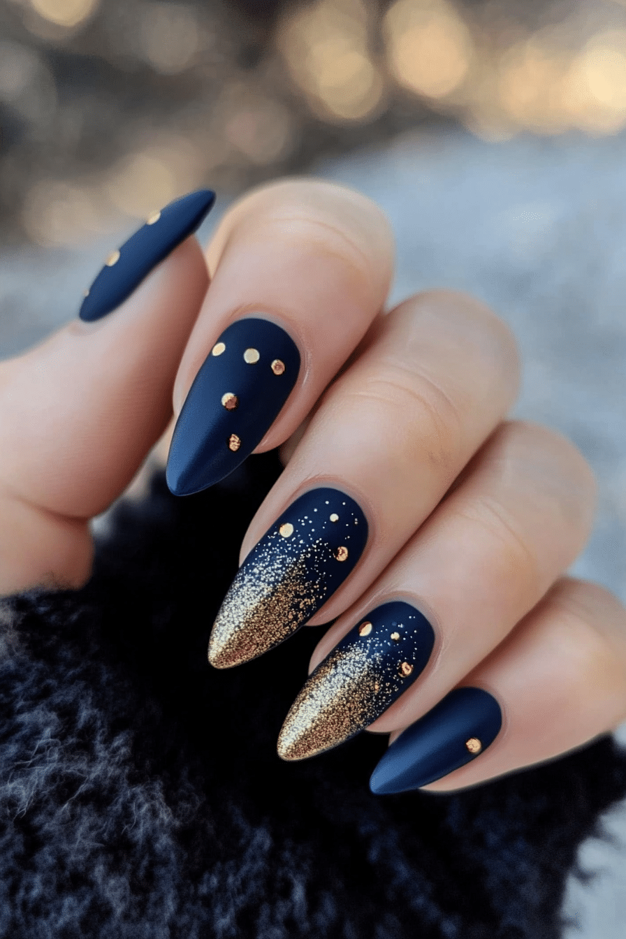 19. Minimalist Gold Dot Accents (Navy And Gold Nail Design Ideas) - Navy And Gold Nail Design Ideas