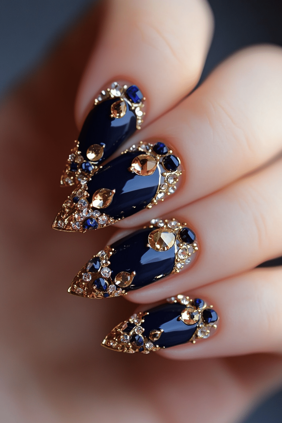 20. Regal Crown Jewels (Navy And Gold Nail Design Ideas) - Navy And Gold Nail Design Ideas