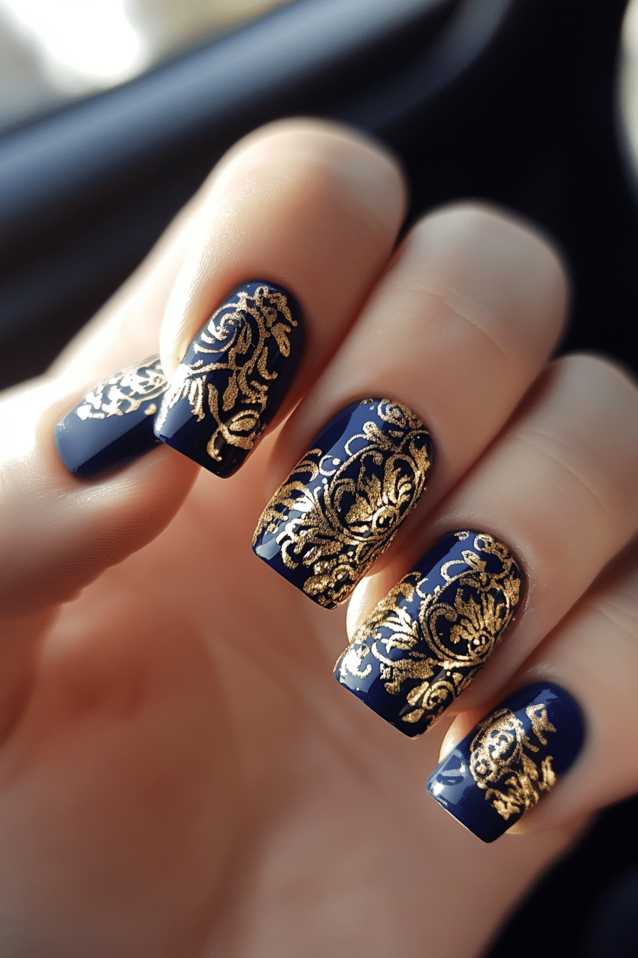 23. Elegant Lace Detailing (Navy And Gold Nail Design Ideas) - Navy And Gold Nail Design Ideas