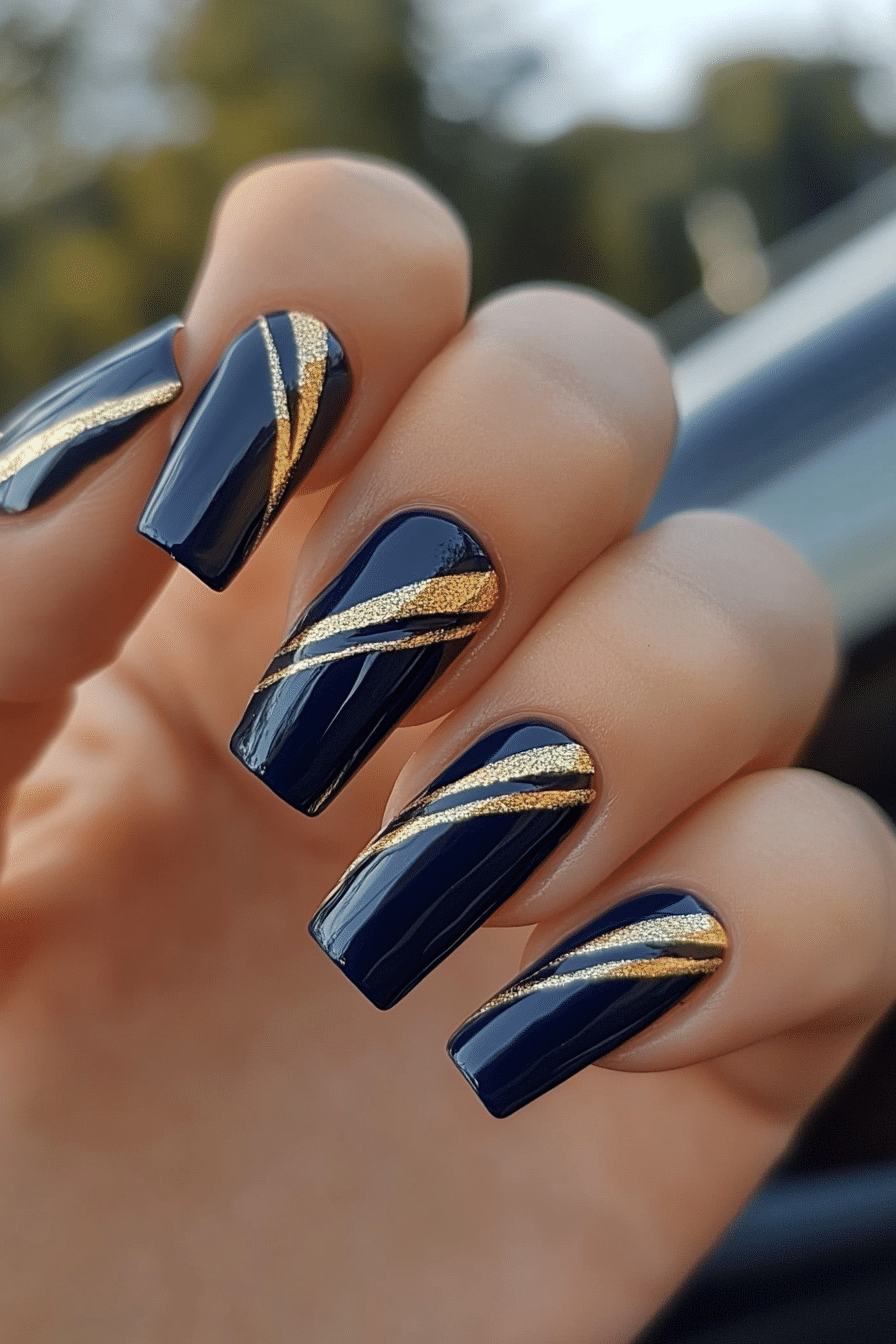 24. Diagonal Gilded Lines (Navy And Gold Nail Design Ideas) - Navy And Gold Nail Design Ideas