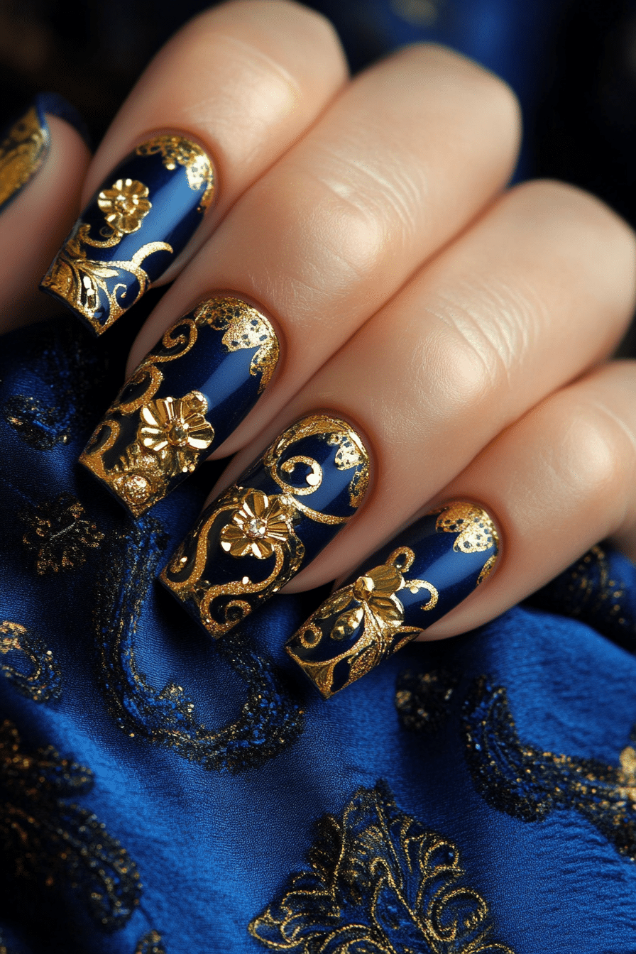 25. Golden Jewel Borders (Navy And Gold Nail Design Ideas) - Navy And Gold Nail Design Ideas