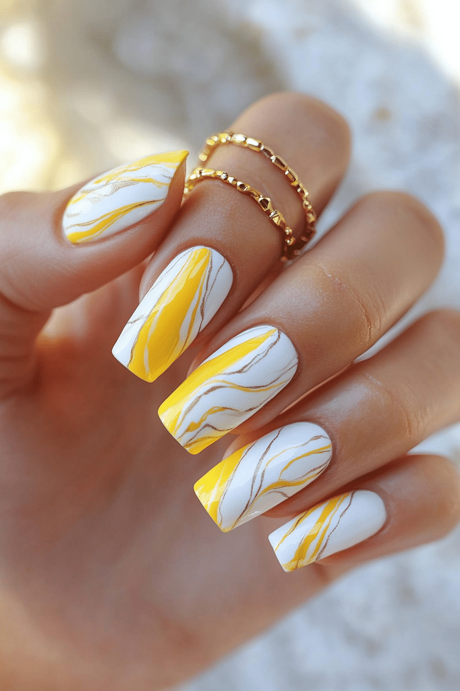 2. Lemon Glaze Marble (Yellow And White Nail Design Ideas) - Yellow And White Nail Design Ideas