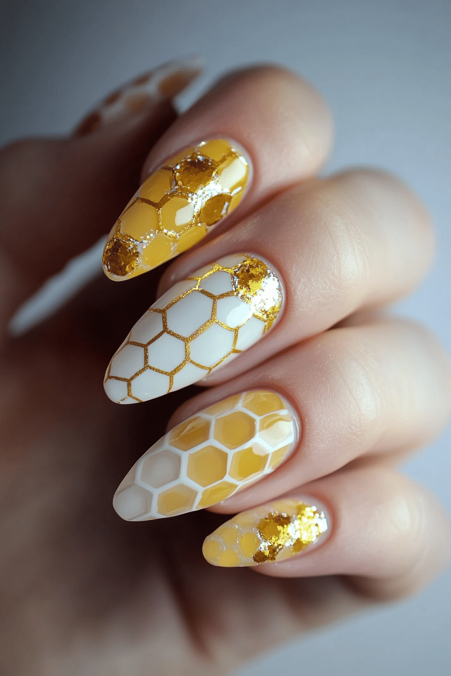 3. Honeycomb Shine (Yellow And White Nail Design Ideas) - Yellow And White Nail Design Ideas