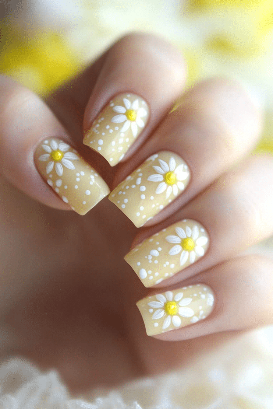 4. Golden Daisy Dots (Yellow And White Nail Design Ideas) - Yellow And White Nail Design Ideas