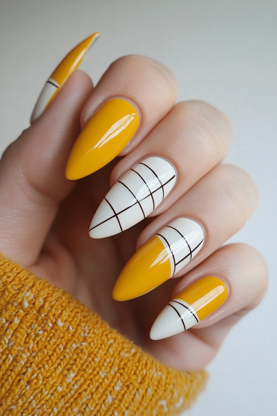 6. Ivory & Mustard Grid (Yellow And White Nail Design Ideas) - Yellow And White Nail Design Ideas