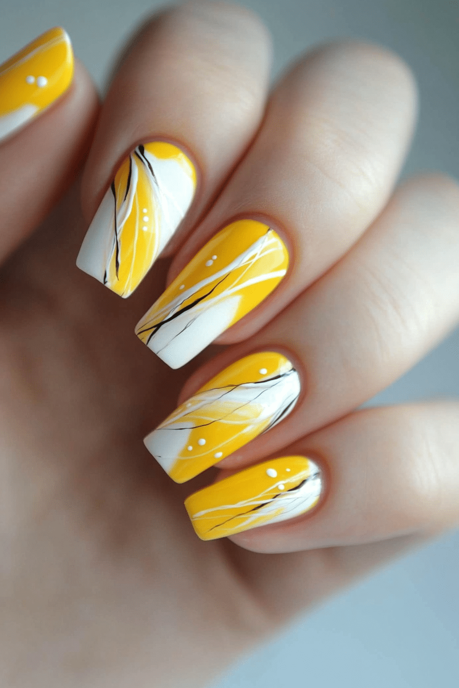 8. Citrus Splash Abstract (Yellow And White Nail Design Ideas) - Yellow And White Nail Design Ideas