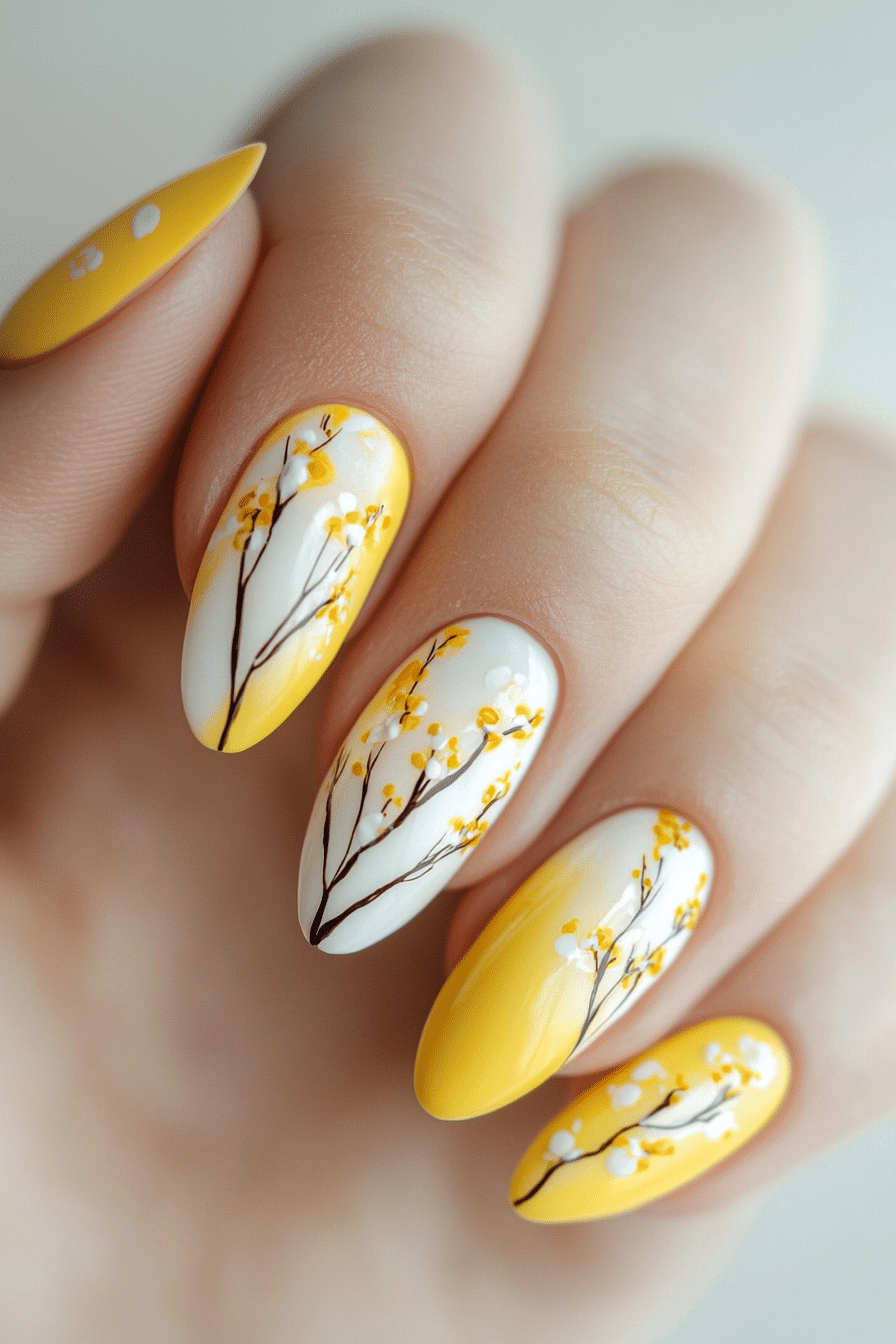 10. Bright Botanical Stems (Yellow And White Nail Design Ideas) - Yellow And White Nail Design Ideas
